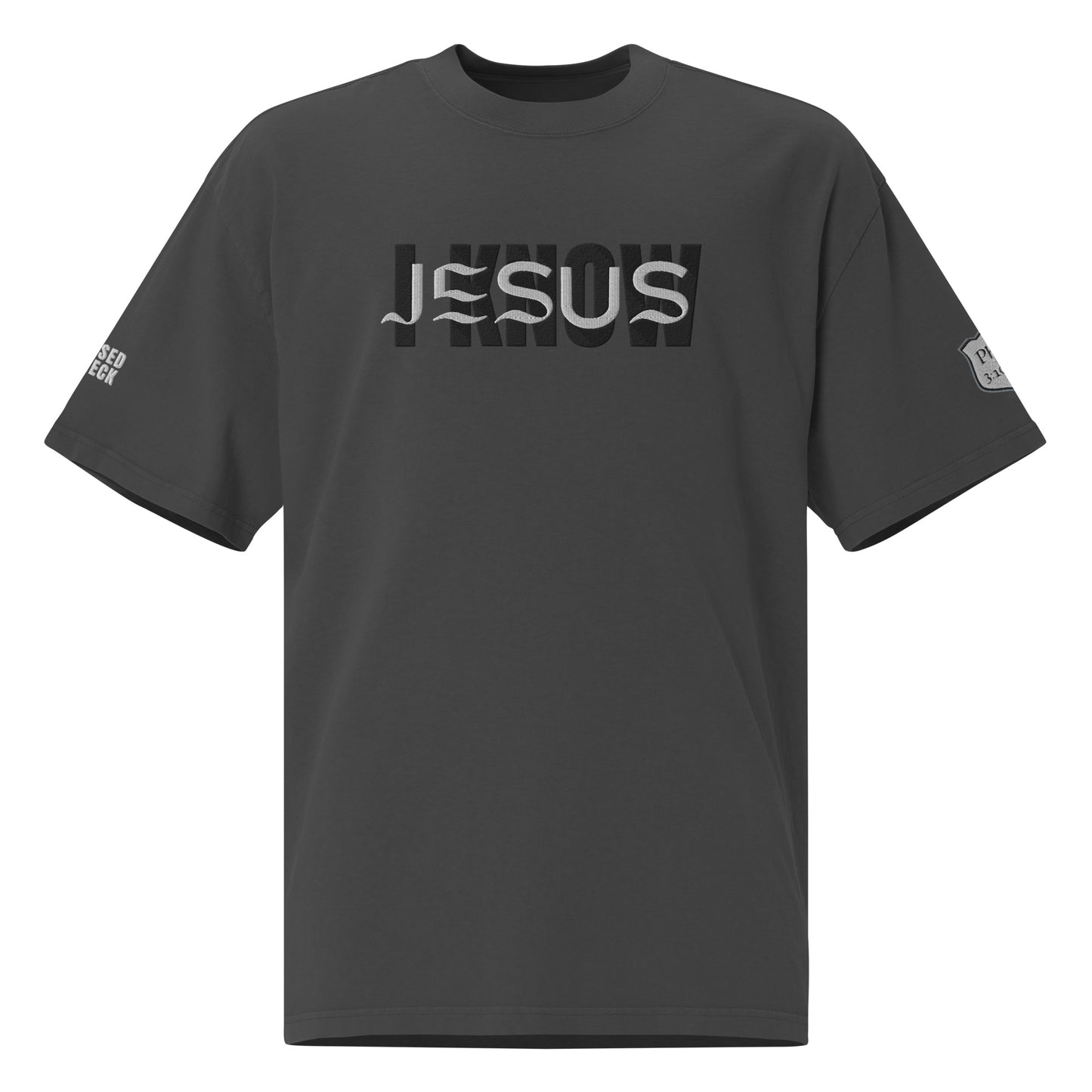 "I Know Jesus" Embroidered Oversized faded t-shirt (Black and White Letters)