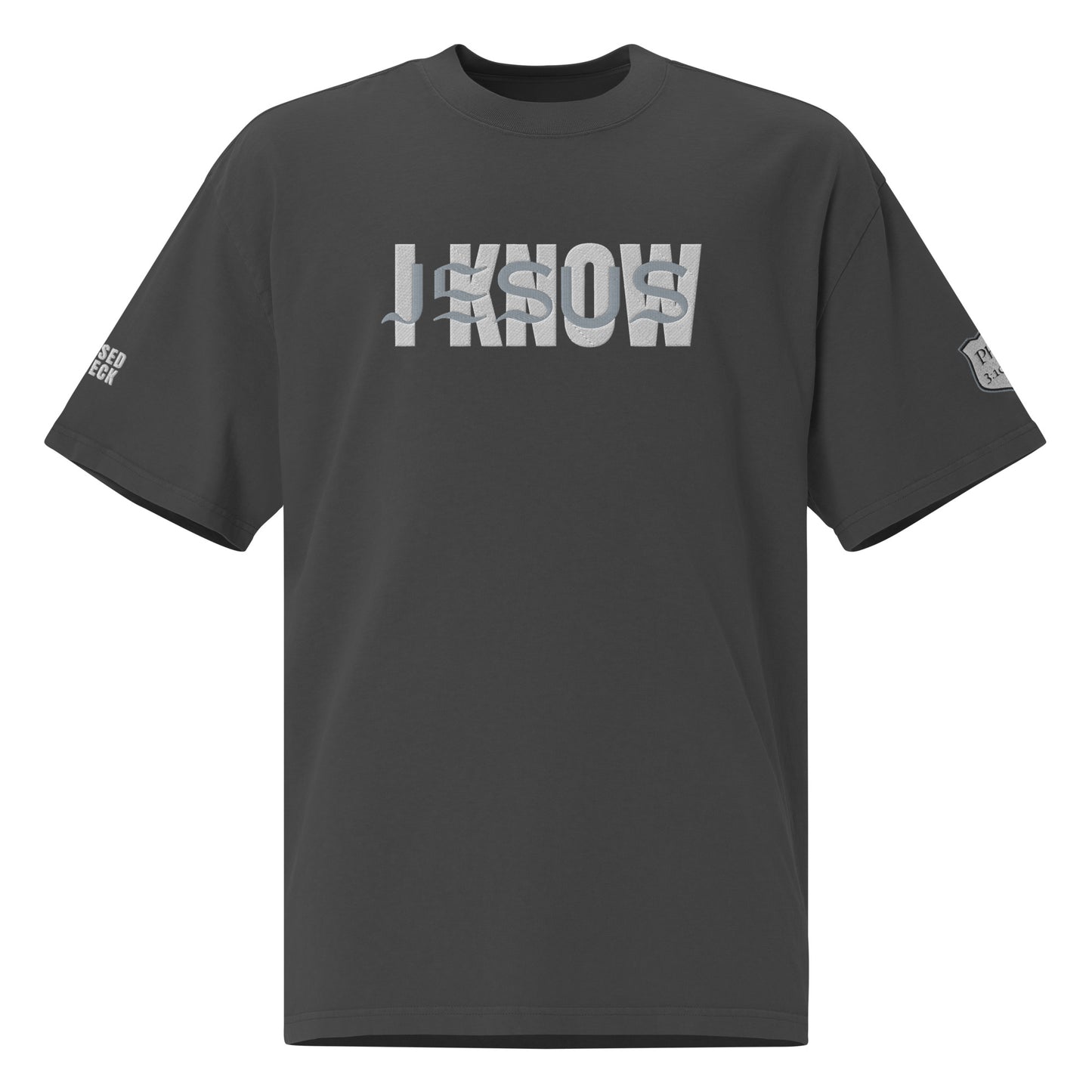 "I Know Jesus" Embroidered Oversized faded t-shirt (Grey and White letters)