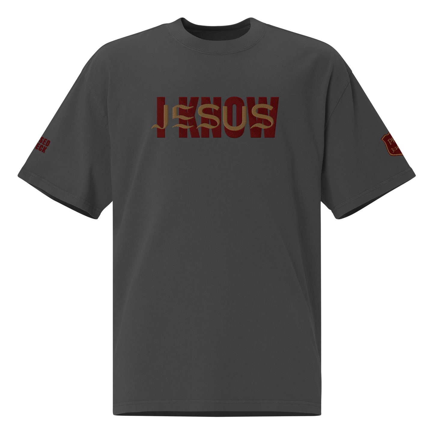 "I Know Jesus" Embroidered Oversized faded t-shirt (Gold Jesus Letters)