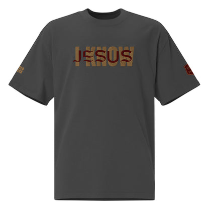 "I Know Jesus" Embroidered Oversized faded t-shirt (Maroon Jesus Letters)