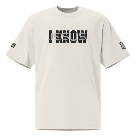 "I Know Jesus" Embroidered Oversized faded t-shirt (Black and White Letters)