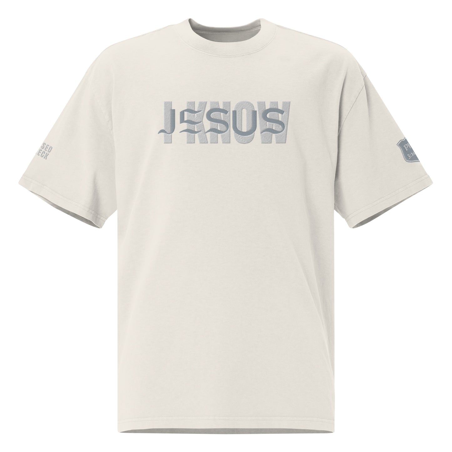 "I Know Jesus" Embroidered Oversized faded t-shirt (Grey and White letters)