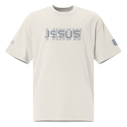 "I Know Jesus" Embroidered Oversized faded t-shirt (Grey and White letters)