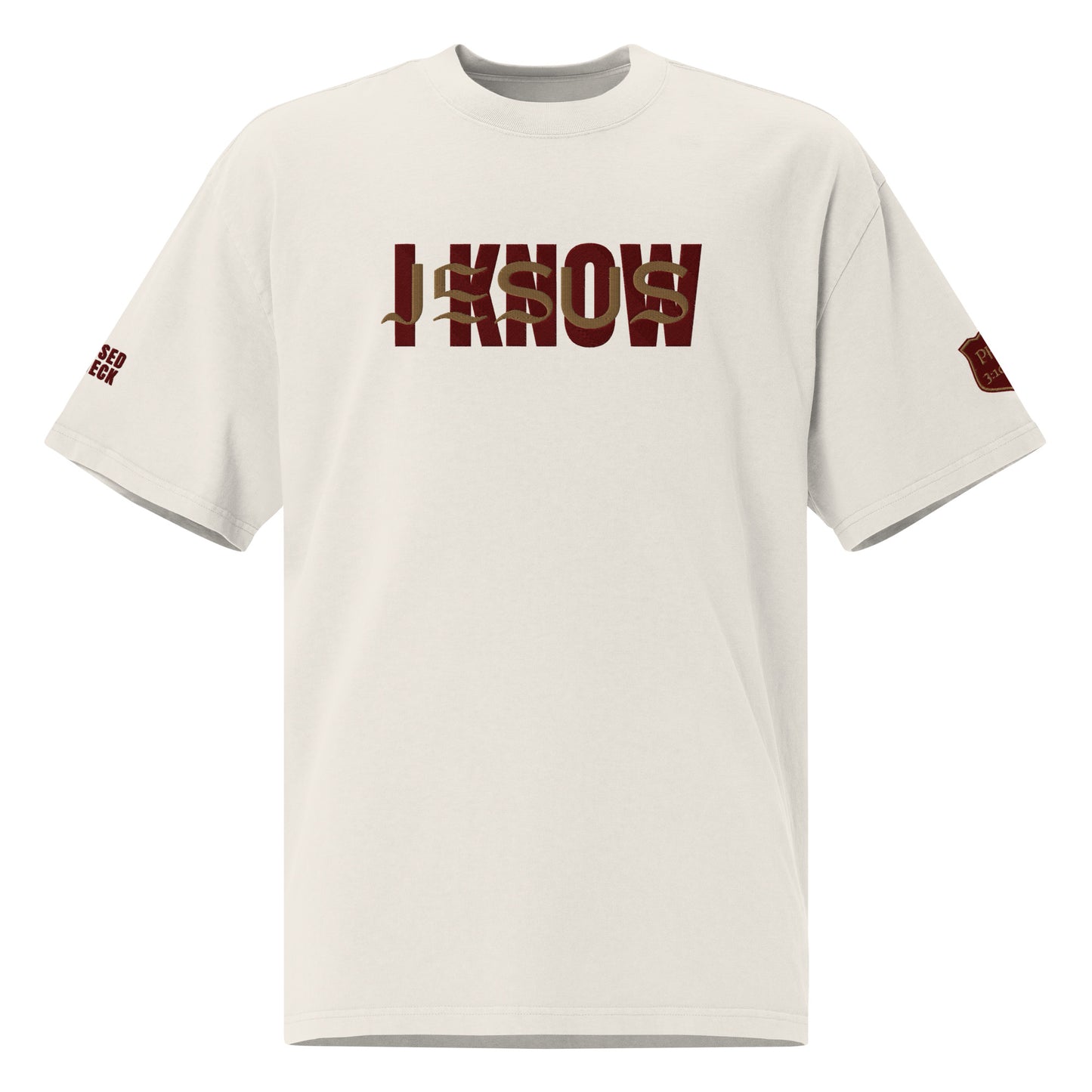 "I Know Jesus" Embroidered Oversized faded t-shirt (Gold Jesus Letters)