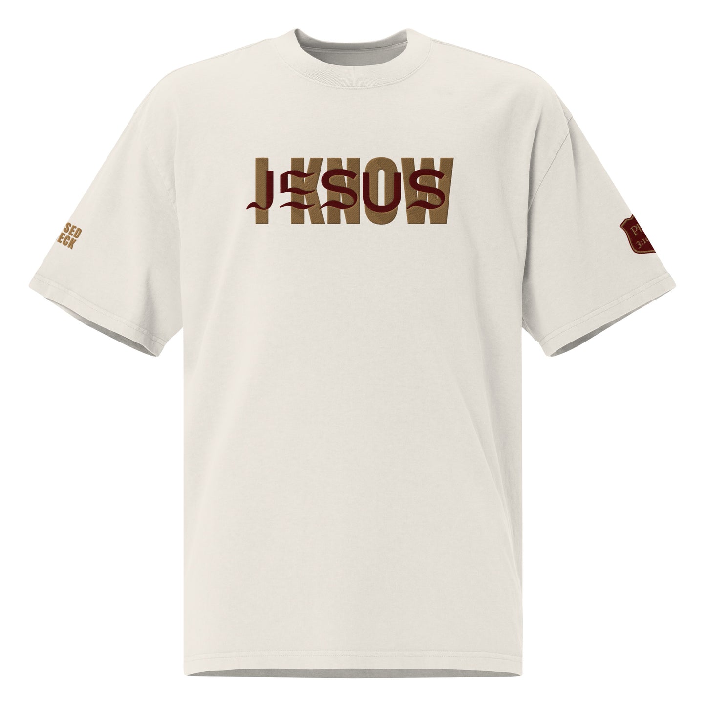 "I Know Jesus" Embroidered Oversized faded t-shirt (Maroon Jesus Letters)