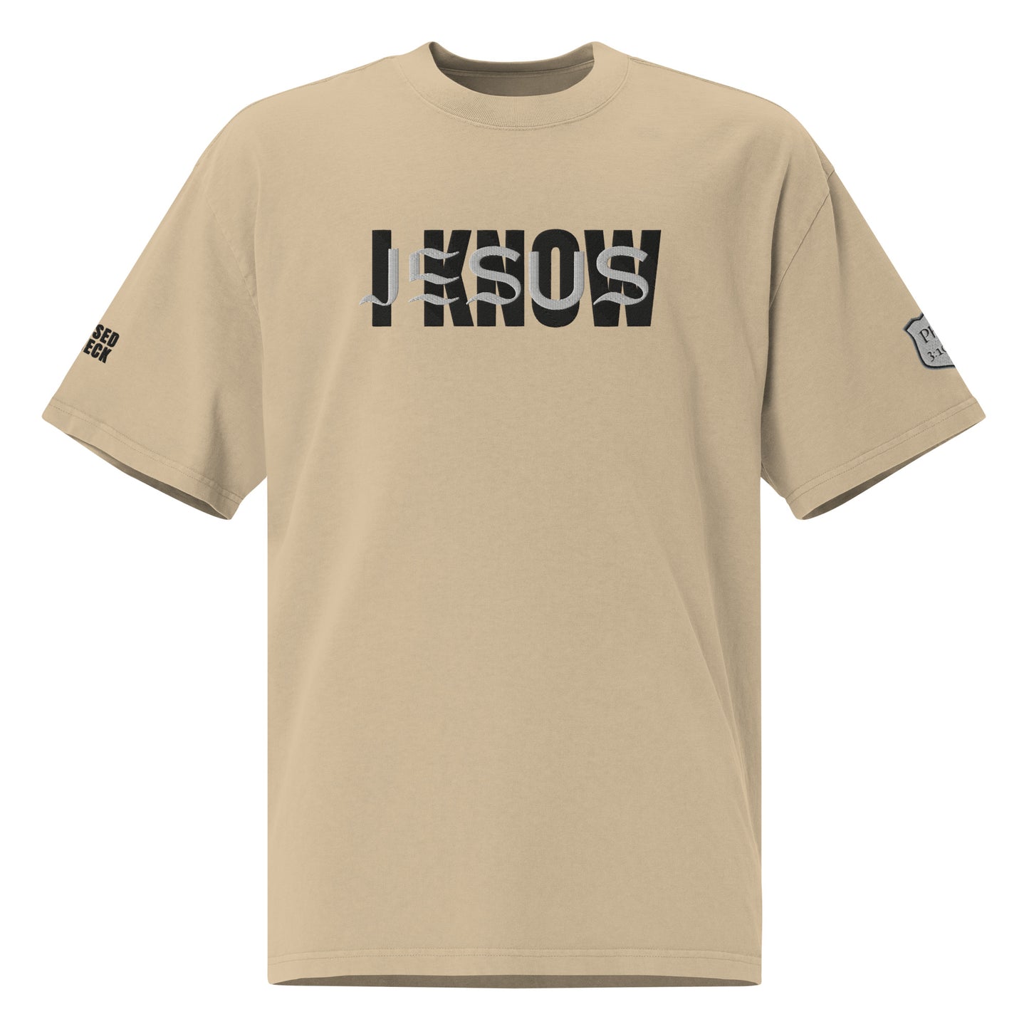 "I Know Jesus" Embroidered Oversized faded t-shirt (Black and White Letters)