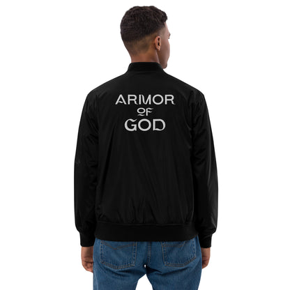 " Armor of God" Premium bomber jacket (Silver Letters)