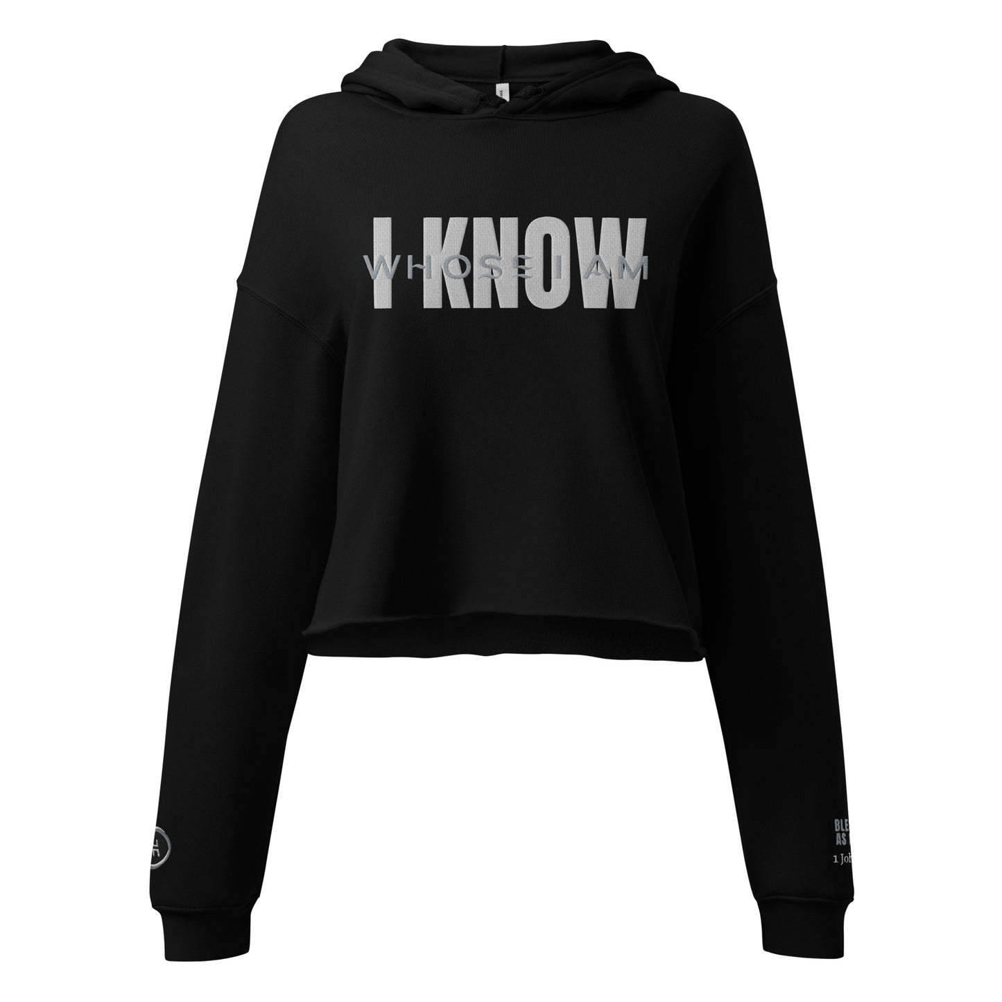 "I Know Whose I Am" Embroidered Crop Hoodie (White/Grey Letters)