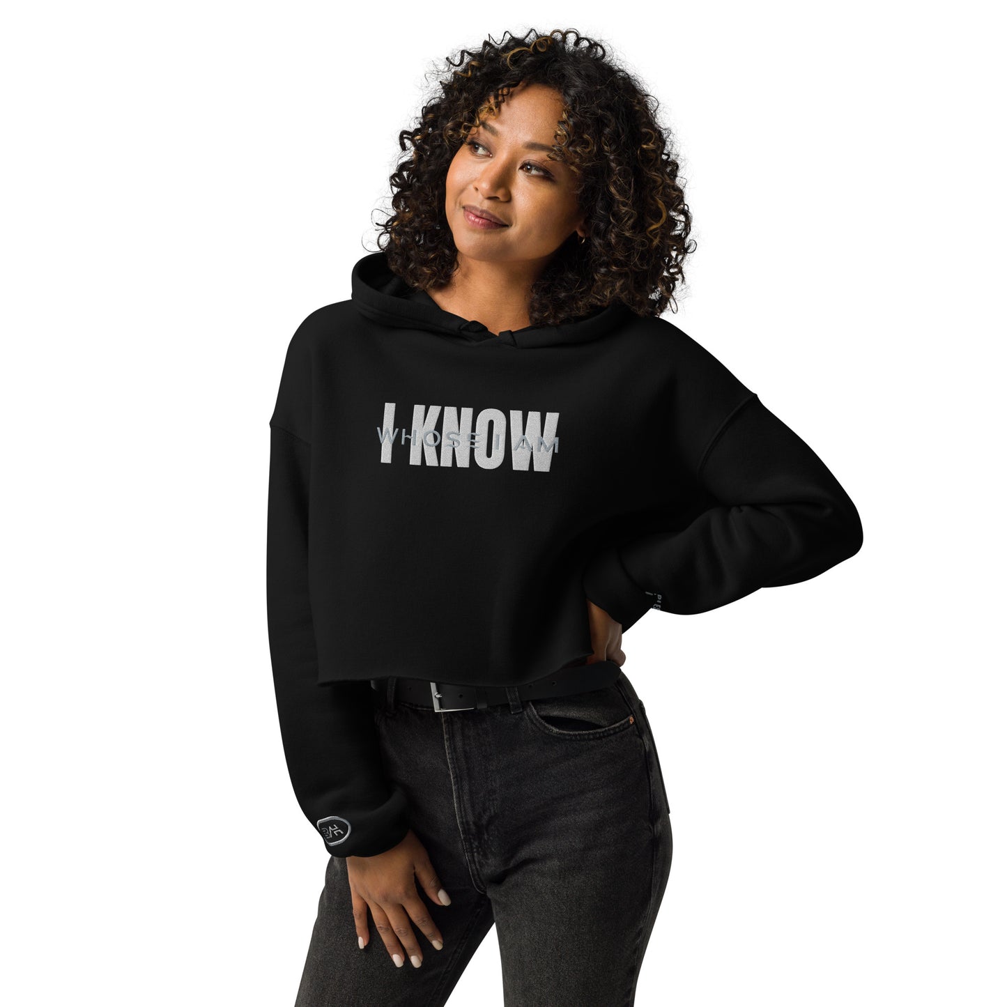 "I Know Whose I Am" Embroidered Crop Hoodie (White/Grey Letters)