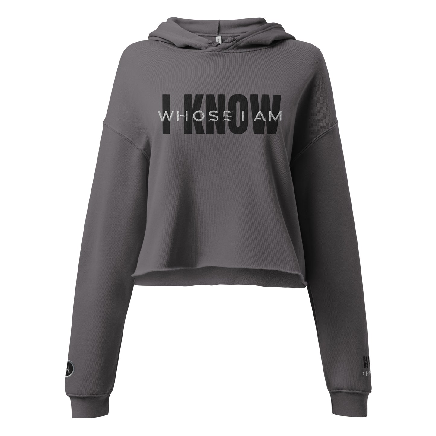 "I Know Whose I Am" Embroidered Crop Hoodie (White/Black Letters)