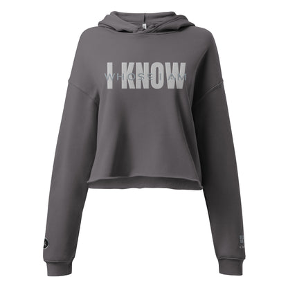 "I Know Whose I Am" Embroidered Crop Hoodie (White/Grey Letters)