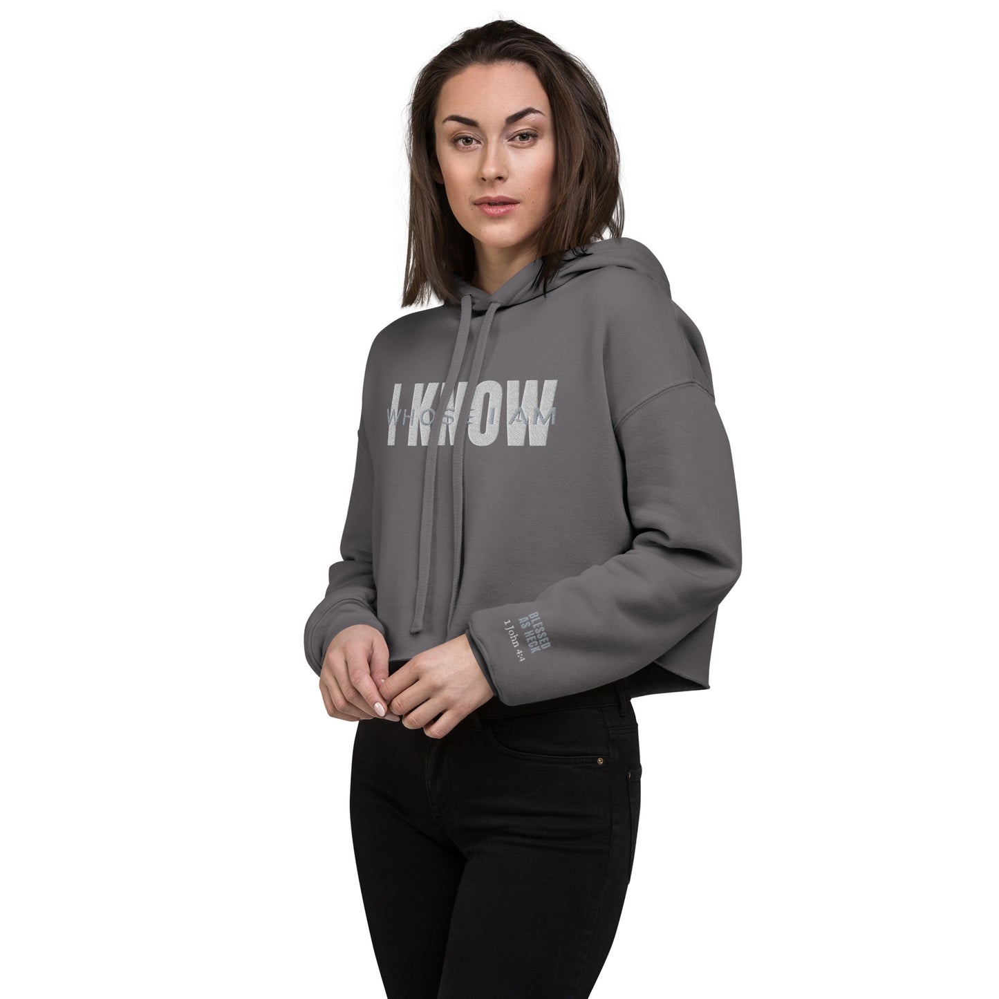 "I Know Whose I Am" Embroidered Crop Hoodie (White/Grey Letters)